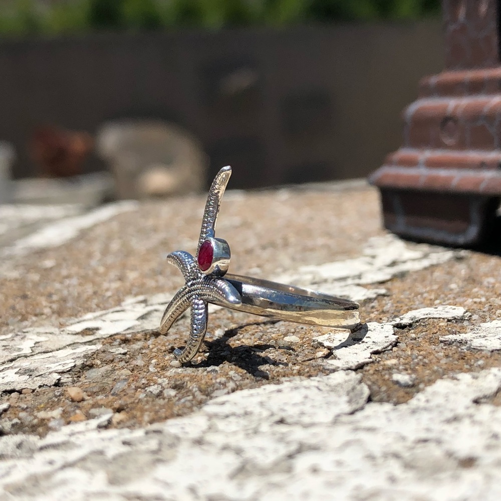 Ruby Indian Sterling Silver Starfish Ring Sz 6.5 - image 5